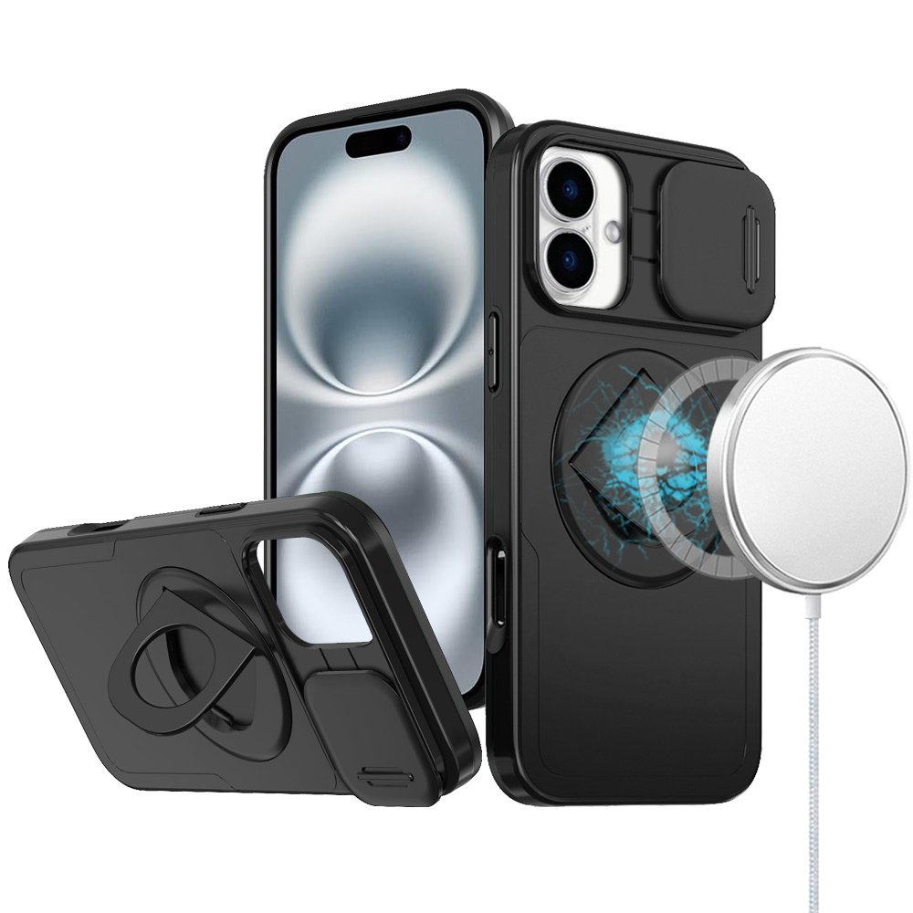 for iphone 16 plus 6.7 inch trendy full coverage with camera window [magnetic circle] with rotational ring stand hybrid case black