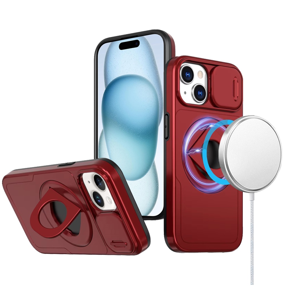 for iphone 15 trendy full coverage with camera window [magnetic circle] with rotational ring stand hybrid case red