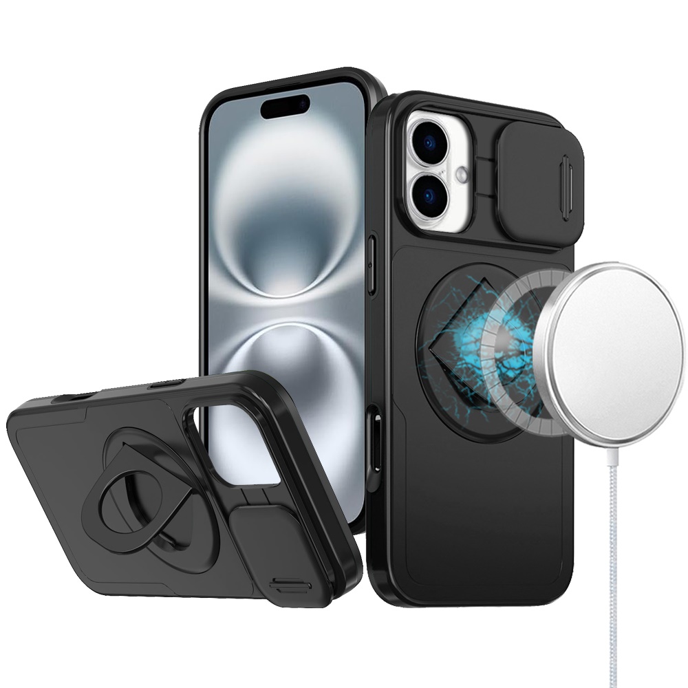 for iphone 16 6.1 inch trendy full coverage with camera window [magnetic circle] with rotational ring stand hybrid case black