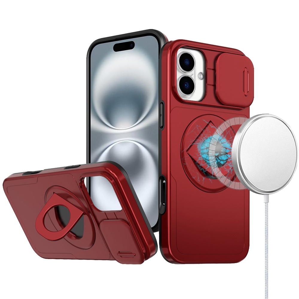 for iphone 16 6.1 inch trendy full coverage with camera window [magnetic circle] with rotational ring stand hybrid case red