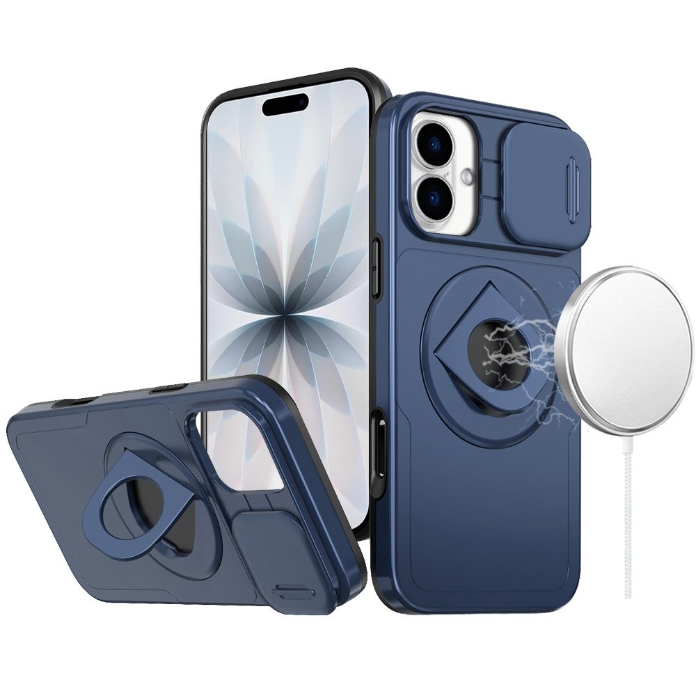 for iphone 17 trendy full coverage with camera window [magnetic circle] with rotational ring stand hybrid case navy blue