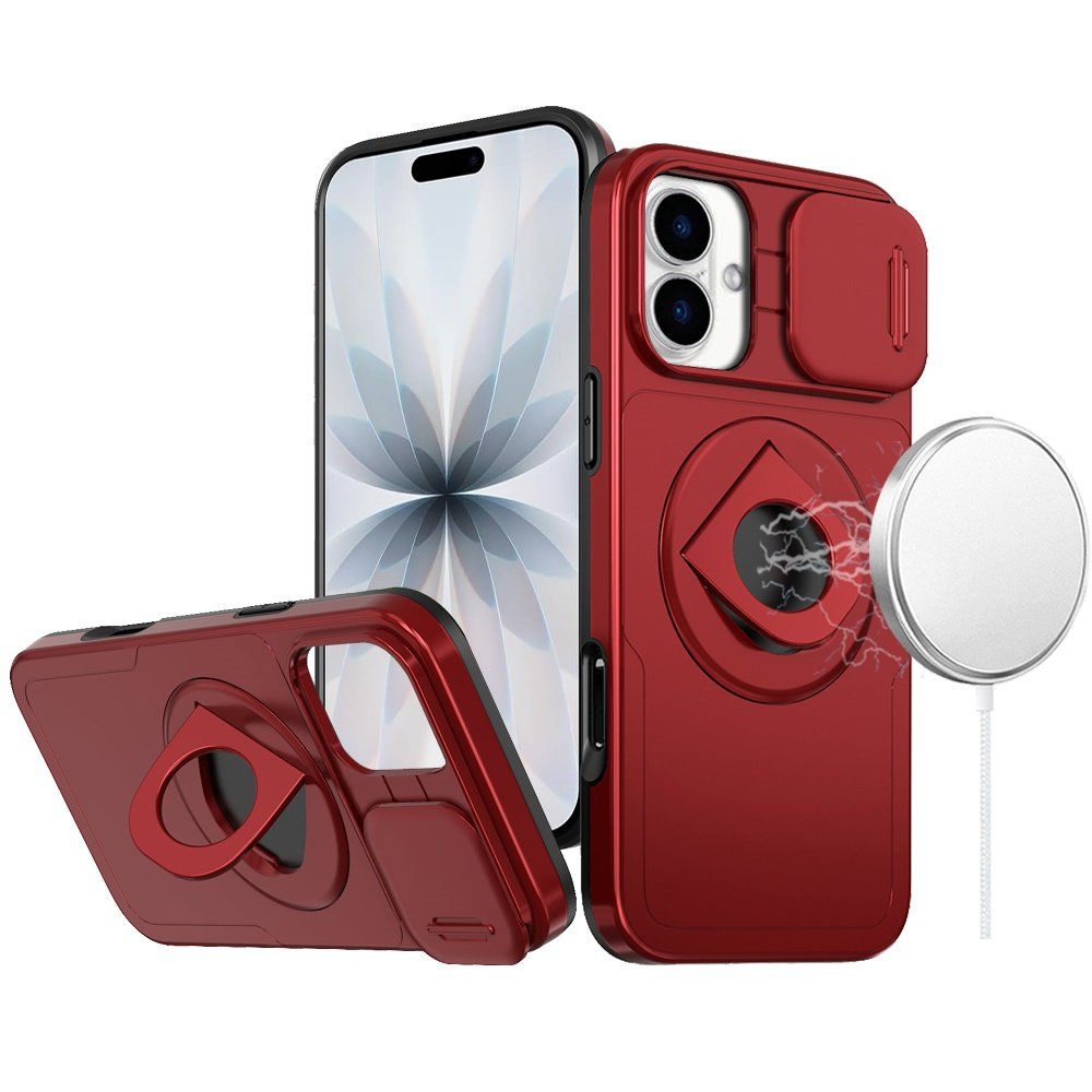 for iphone 17 trendy full coverage with camera window [magnetic circle] with rotational ring stand hybrid case red