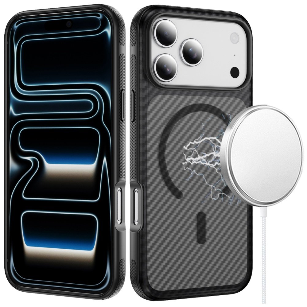 for iphone 17 pro max thick carbon design magnetic hybrid with metallic buttons case black