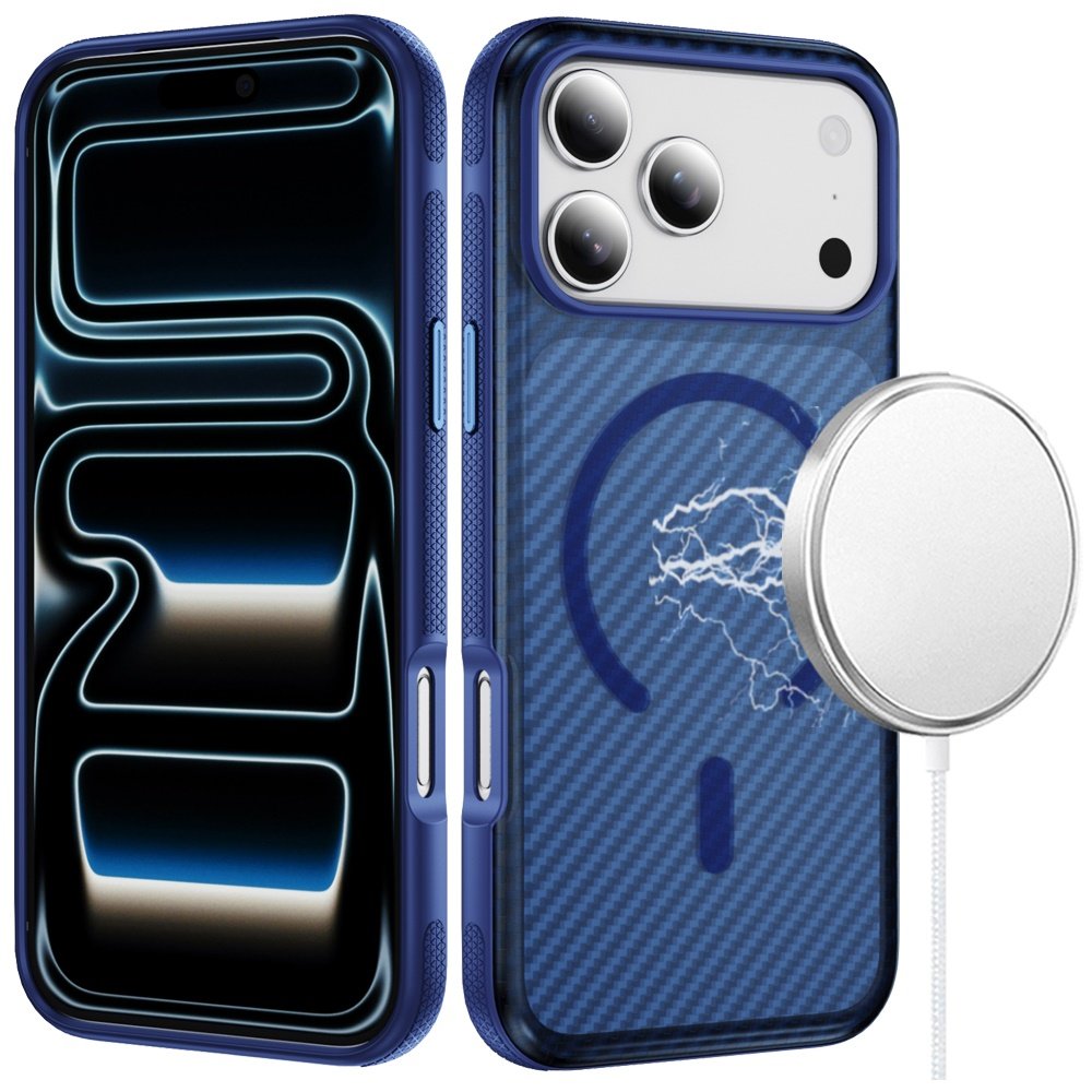 for iphone 17 pro thick carbon design magnetic hybrid with metallic buttons case blue