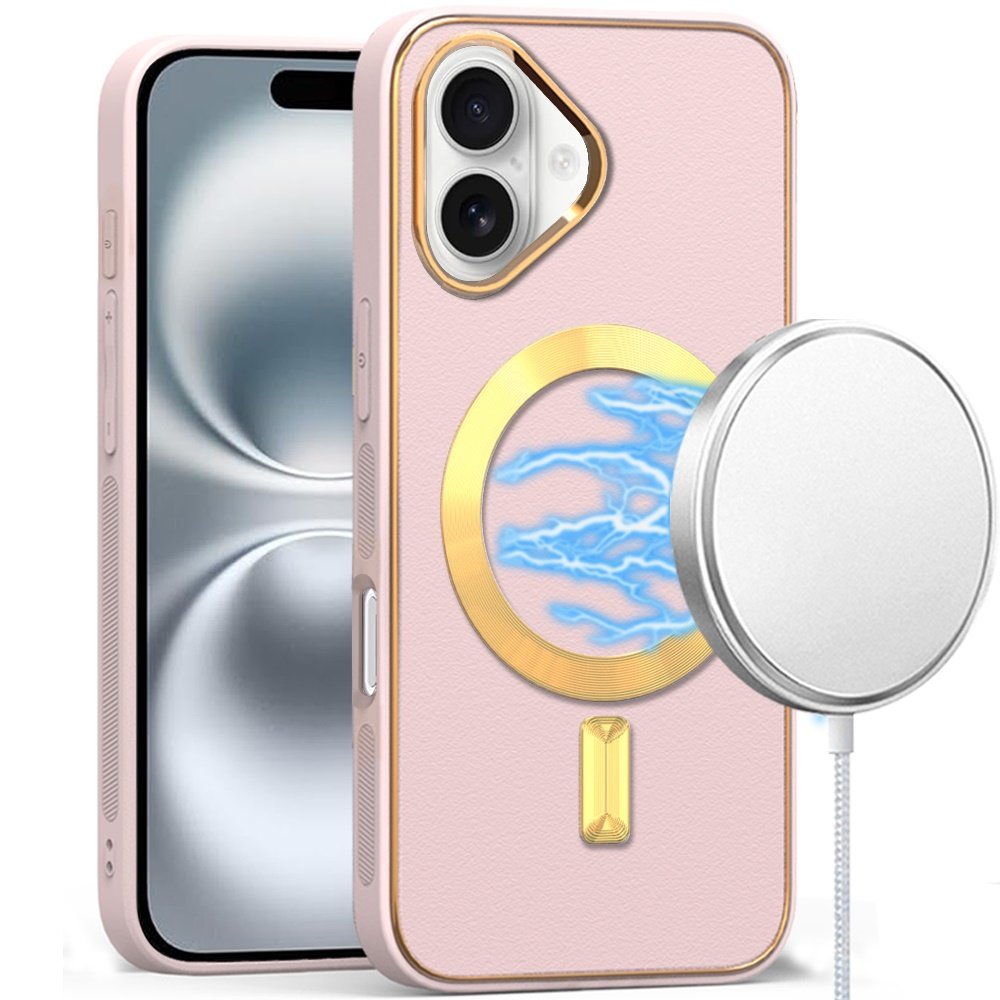 for iphone 16 6.1 inch ultimate quality pu leather hybrid case cover light pink
