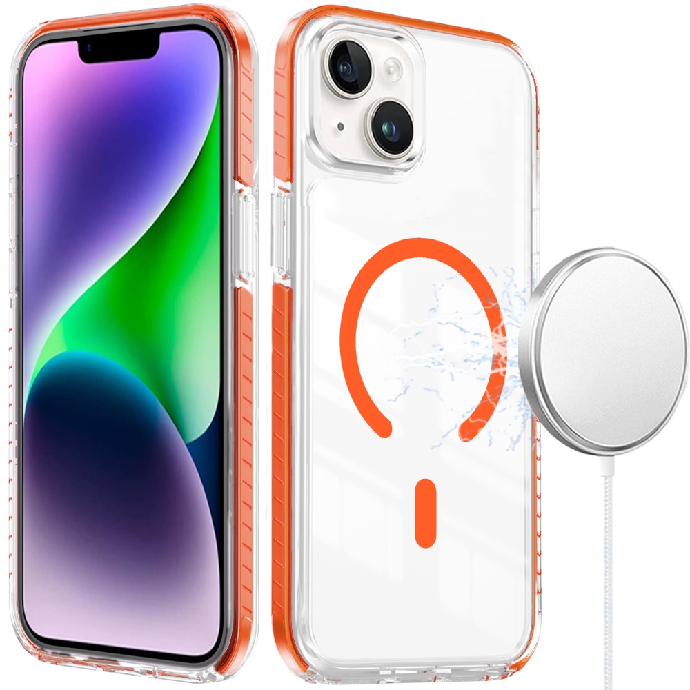 for iphone 13/14 thick transparent colored edged magnetic hybrid case cosmic orange