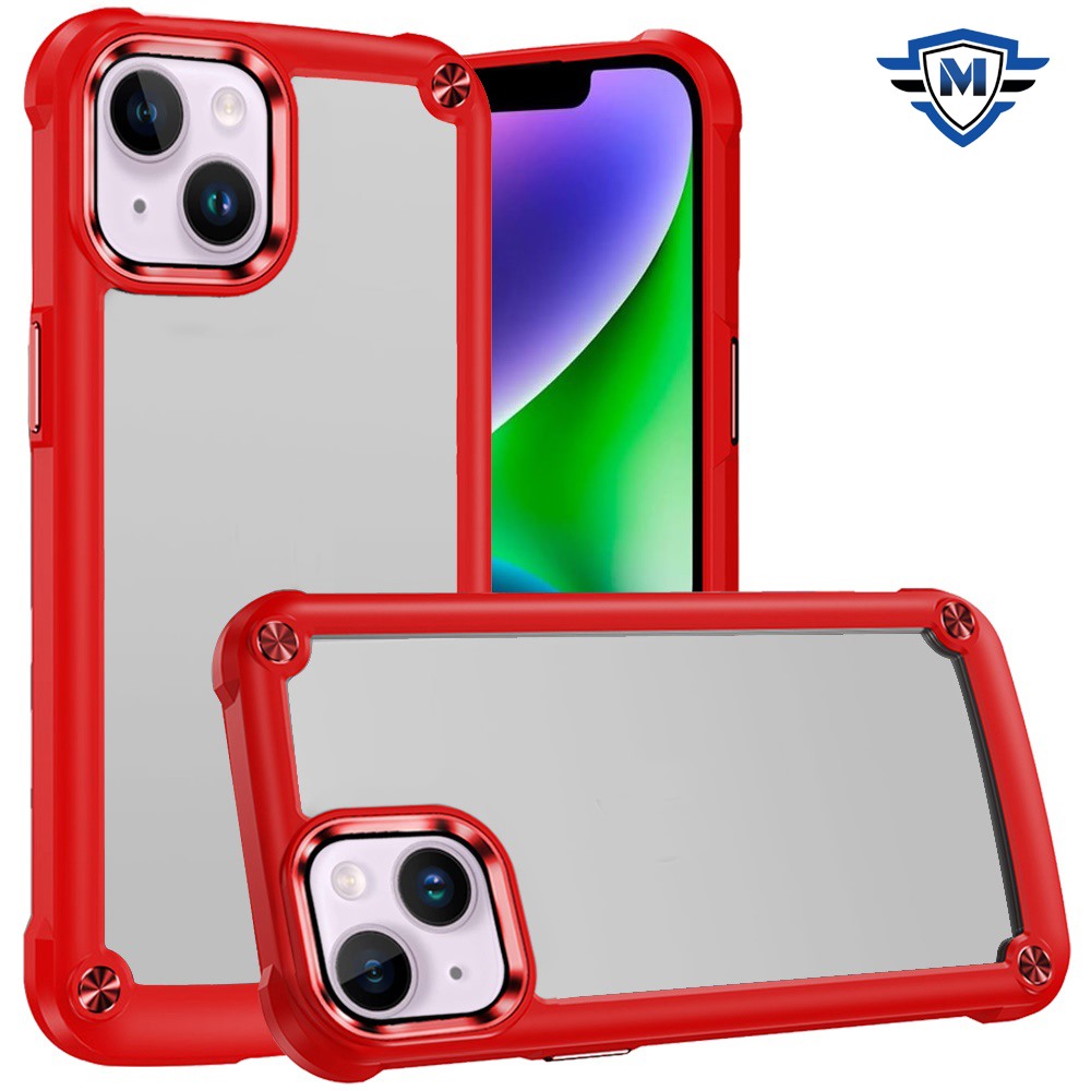 for iphone 14/13 metkase ultimate casex transparent hybrid case with metal buttons and camera edges in slide out package red
