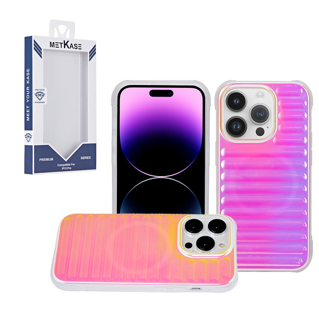 for iphone 15 pro metkase chrome lined pattern [magnetic circle] premium case light pink