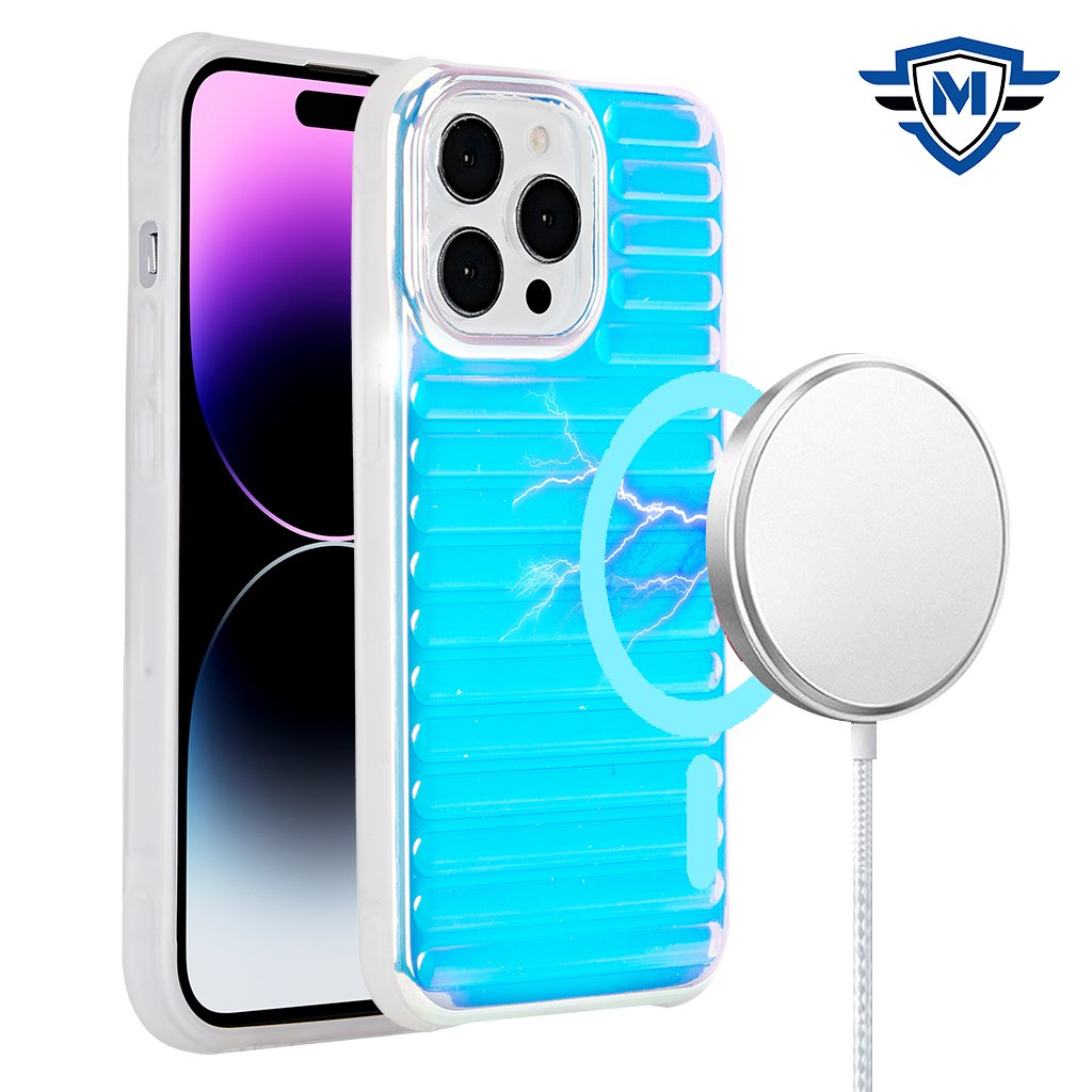 for iphone 15 pro metkase chrome lined pattern [magnetic circle] premium case blue
