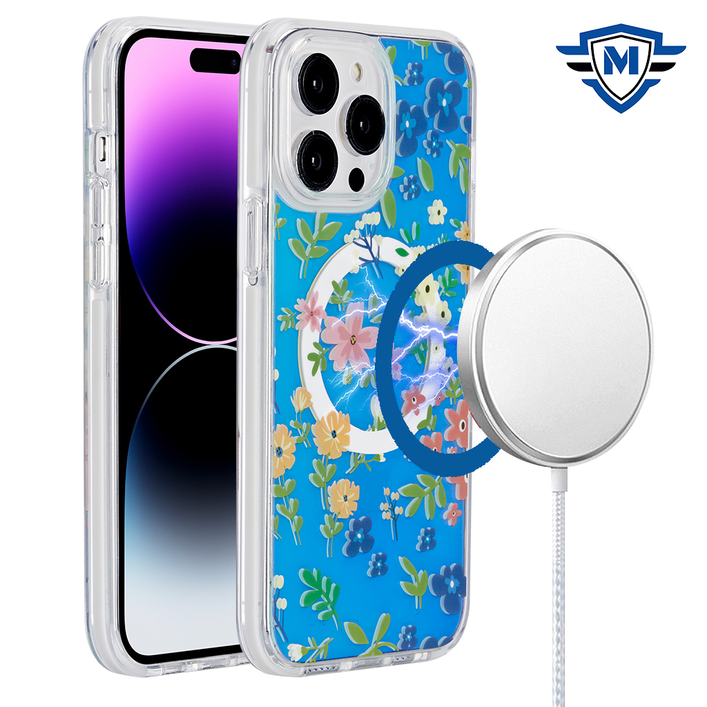 for iphone 14 pro max 6.7" metkase imd design pattern [magnetic circle] premium hybrid case blue pattern