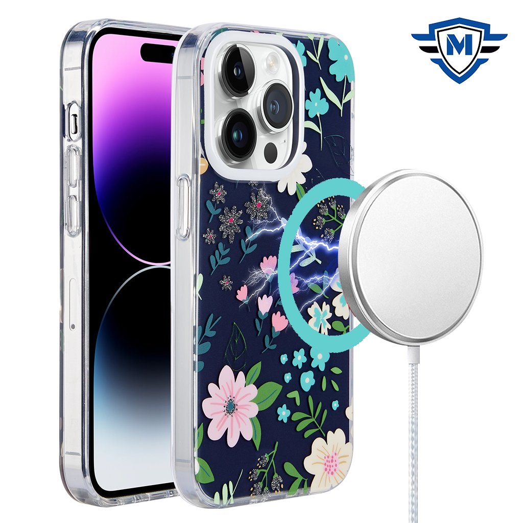 for iphone 15 pro metkase double protection imd design pattern [magnetic circle] premium case galaxy floral