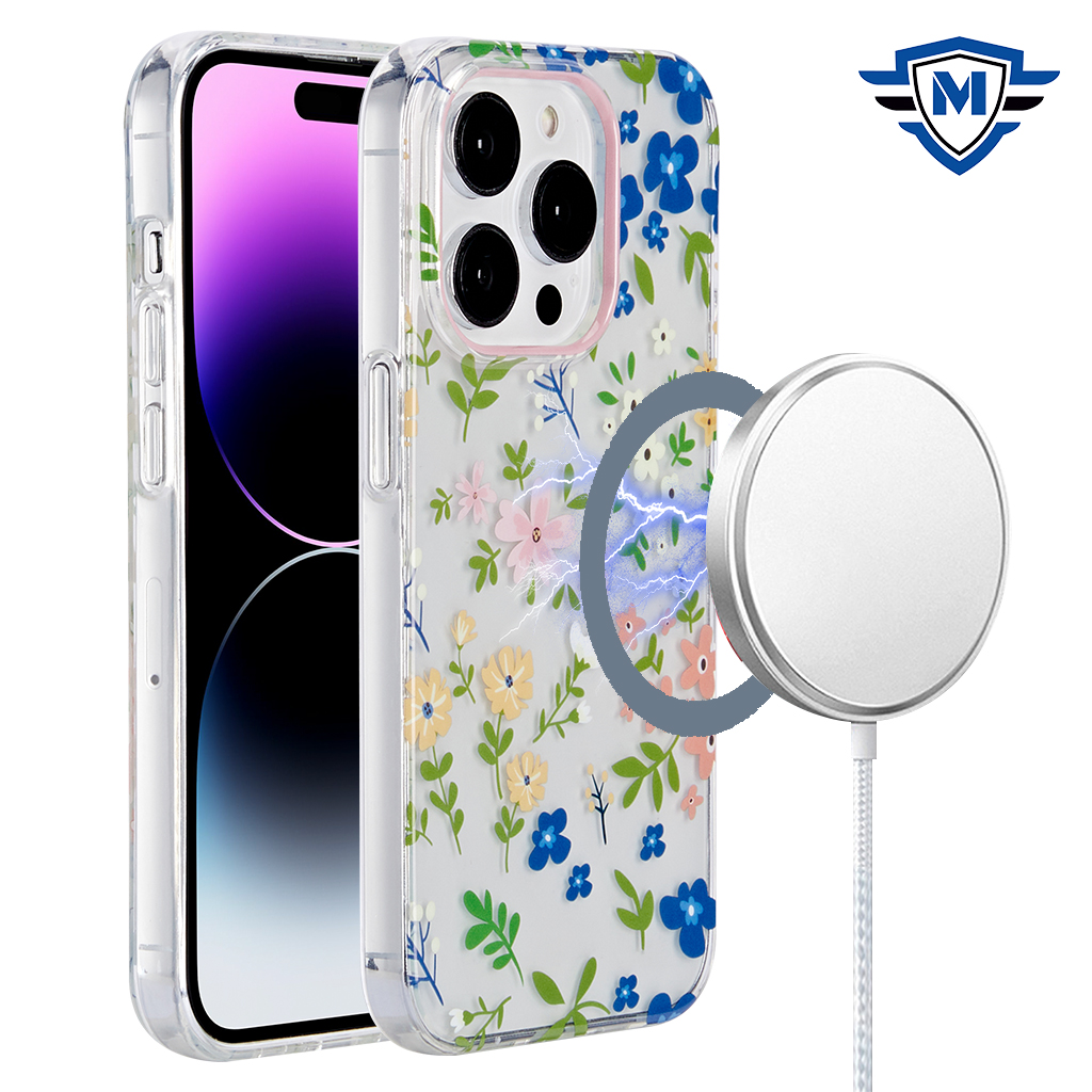 for iphone 15 pro metkase double protection imd design pattern [magnetic circle] premium case multicolor floral