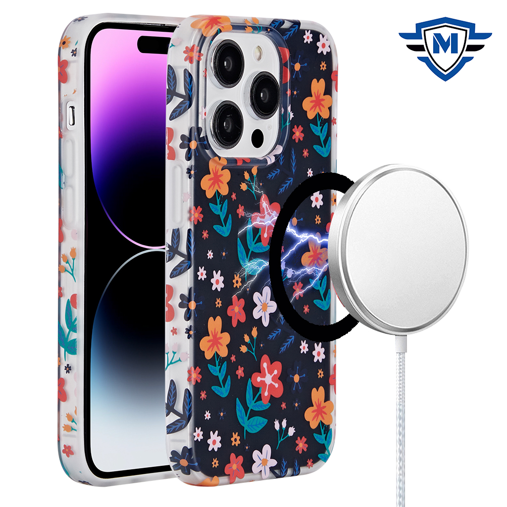 for iphone 15 pro metkase double protection imd design pattern [magnetic circle] premium case nightly floral