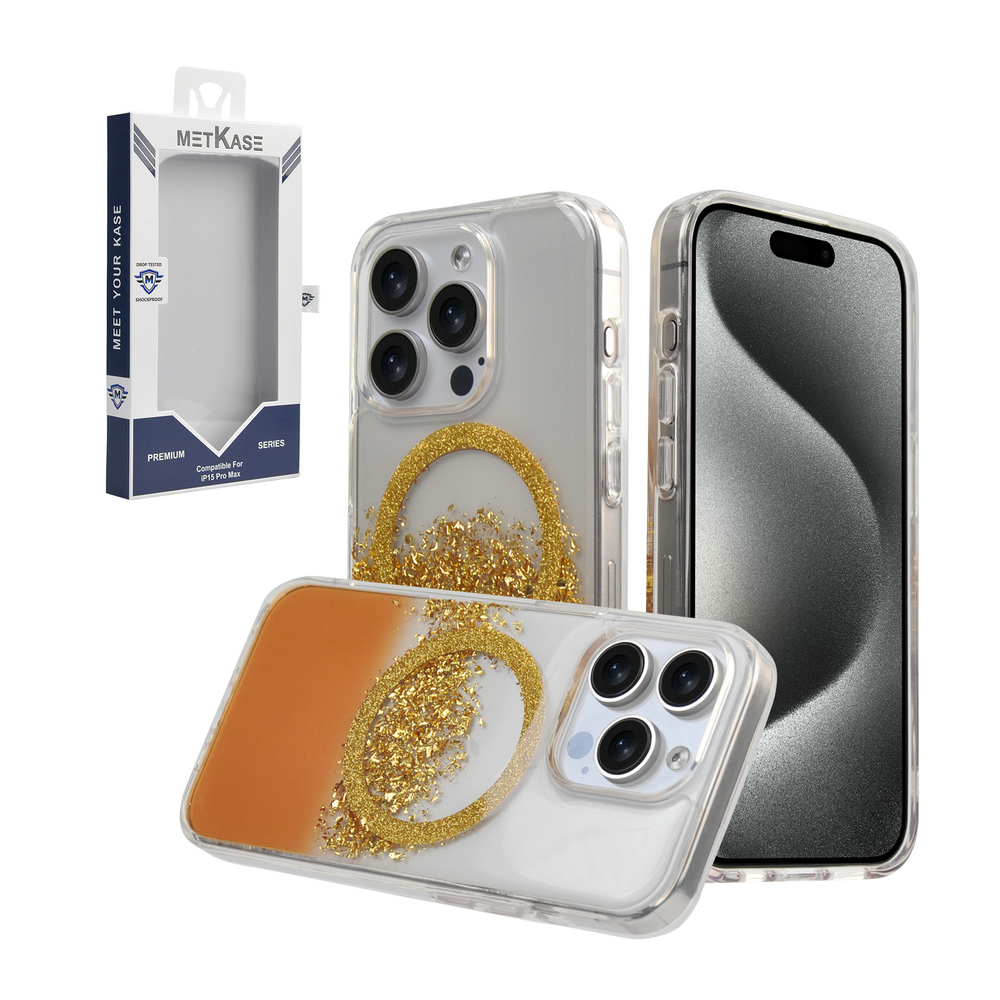 for iphone 15 pro metkase glitter transparet [magnetic circle] shockproof hybrid orange