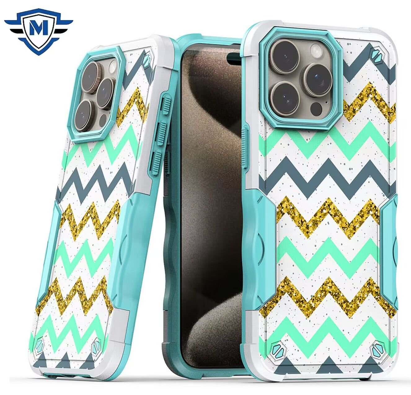 For iPhone 15 Pro METKASE hybrid protective case with zigzag design and teal, gold, and gray accents