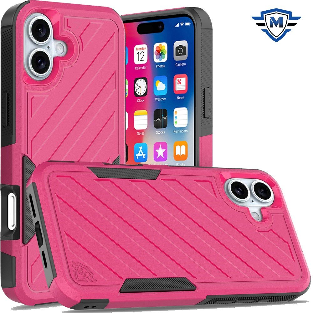 for iphone 16 6.1 inch metkase noble lined shockproof dual layer hybrid in slide out package hot pink/black
