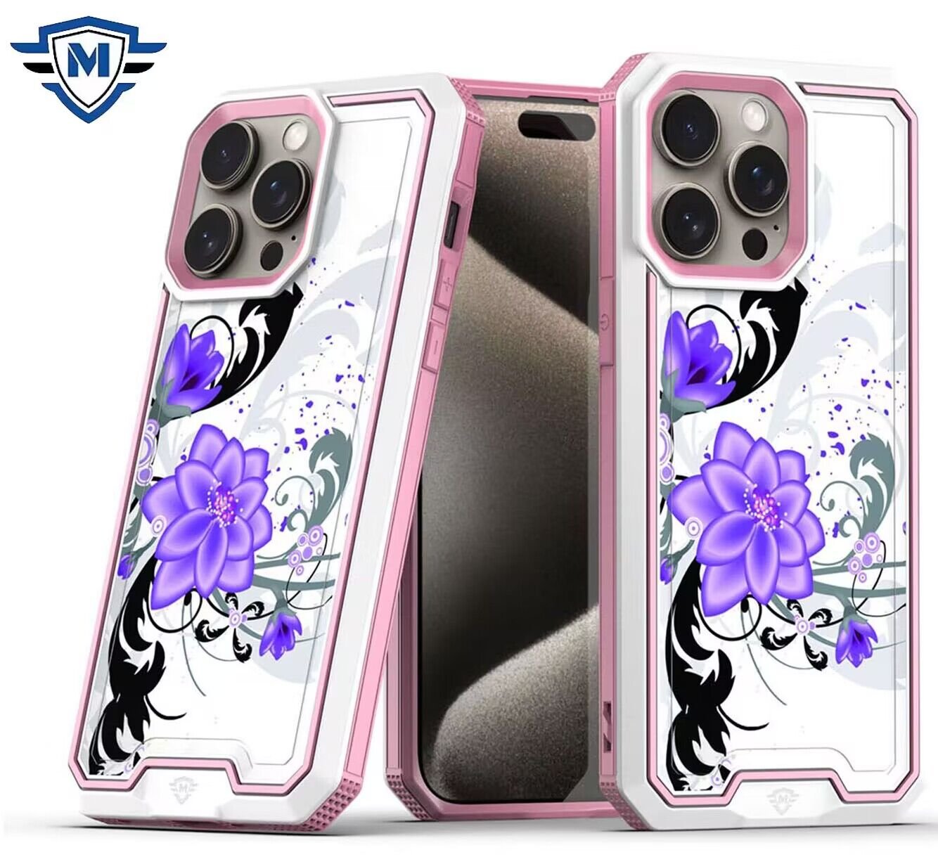 iPhone 15 Pro case METKASE Premium RANK fused hybrid purple lily floral design with pink frame