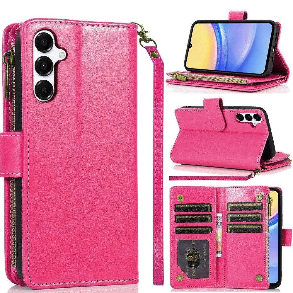 for samsung a15 5g luxury wallet card id zipper money holder hot pink
