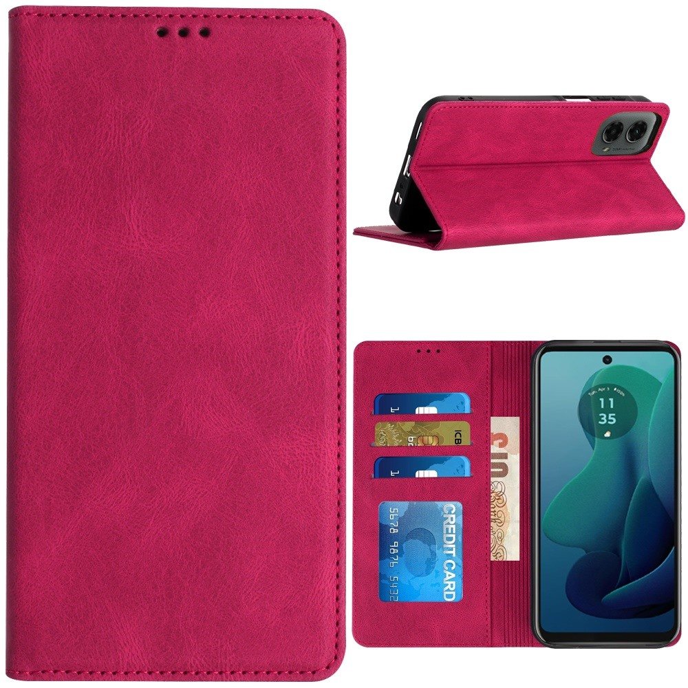 for motorola moto g 5g (2024) wallet pu vegan leather id card money holder with magnetic closure hot pink
