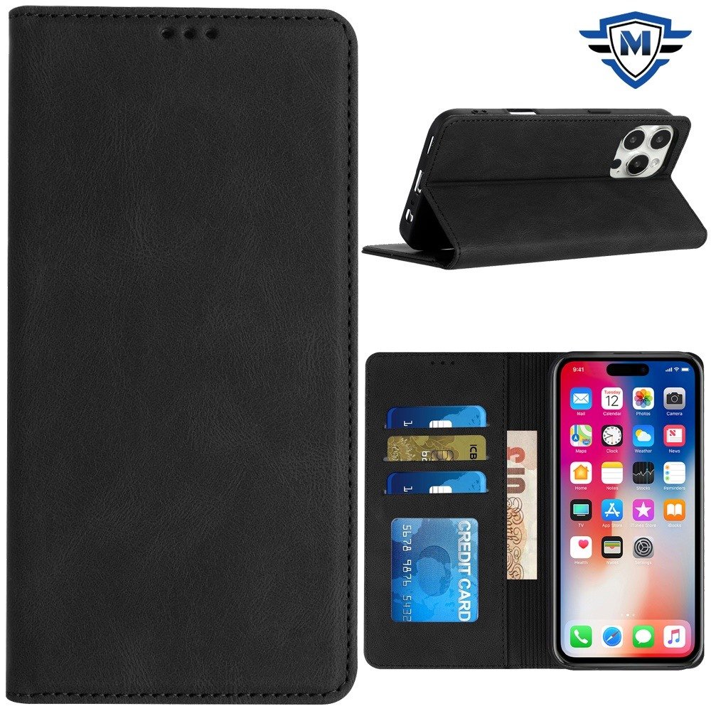 for iphone 16 pro 6.3 inch metkase wallet pu vegan leather id card money holder with magnetic closure in slide out package black