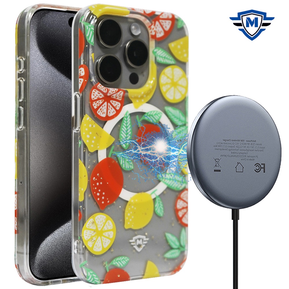 for iphone 15 pro max / ultra metkase floral design [magnetic circle] transparent hybrid lemon pattern