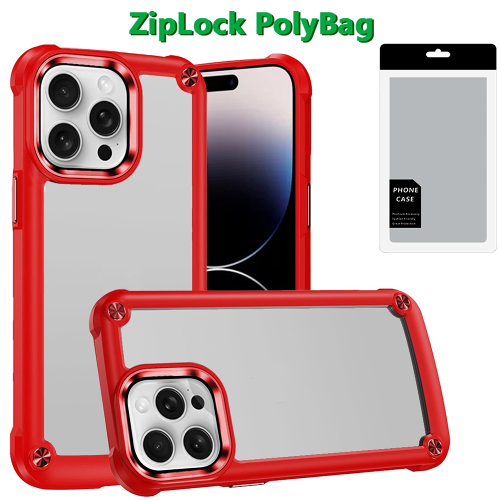 [polybag] for iphone 14 pro max ultimate casex transparent hybrid case with metal buttons and camera edges red