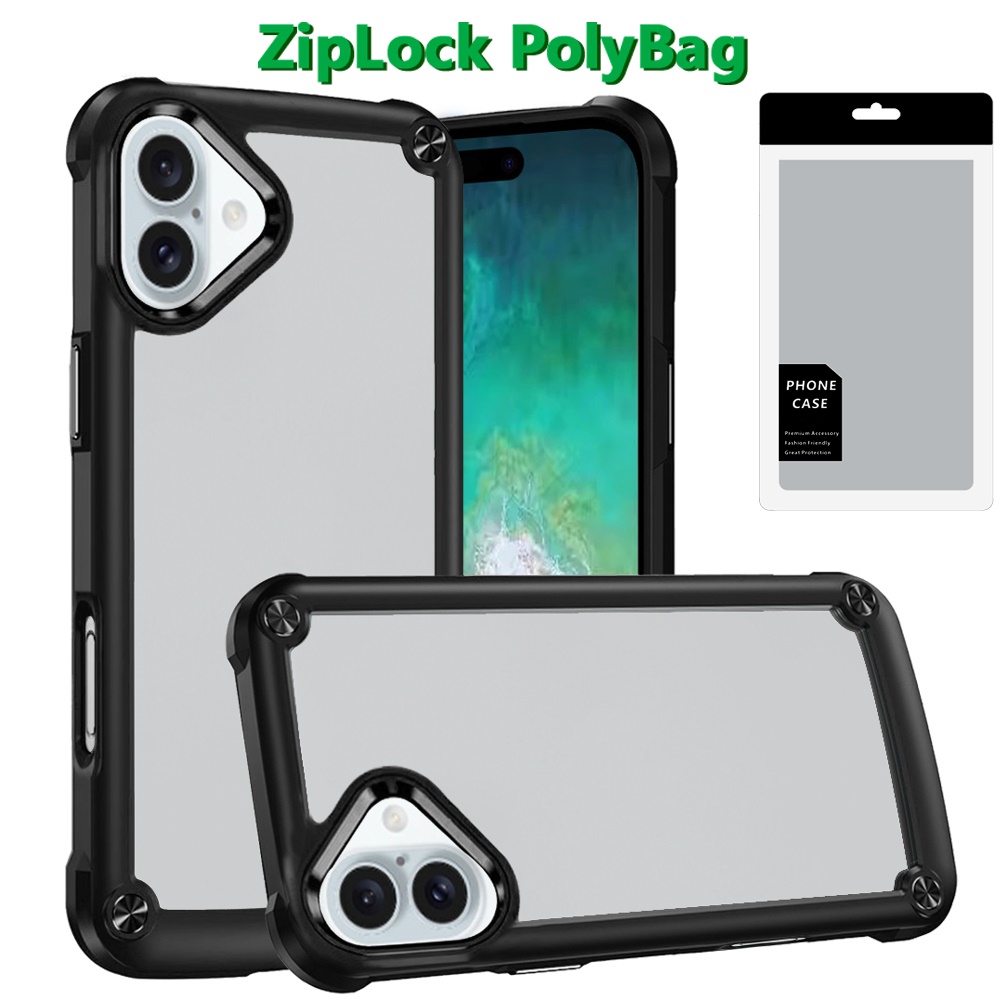 [polybag] for iphone 16 plus 6.7 inch ultimate casex transparent hybrid case with metal buttons and camera edges black