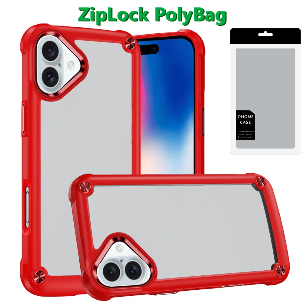 [polybag] for iphone 16 6.1 inch ultimate casex transparent hybrid case with metal buttons and camera edges red