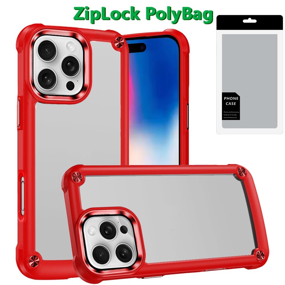 [polybag] for iphone 16 pro 6.3 inch ultimate casex transparent hybrid case with metal buttons and camera edges red