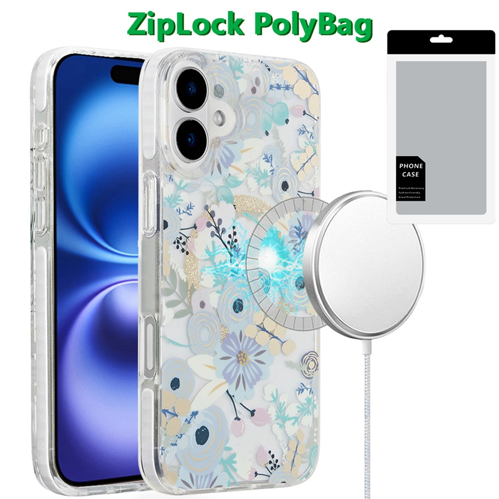 [polybag] for iphone 16 plus 6.7 inch magnetic double layer imd design case blue floral