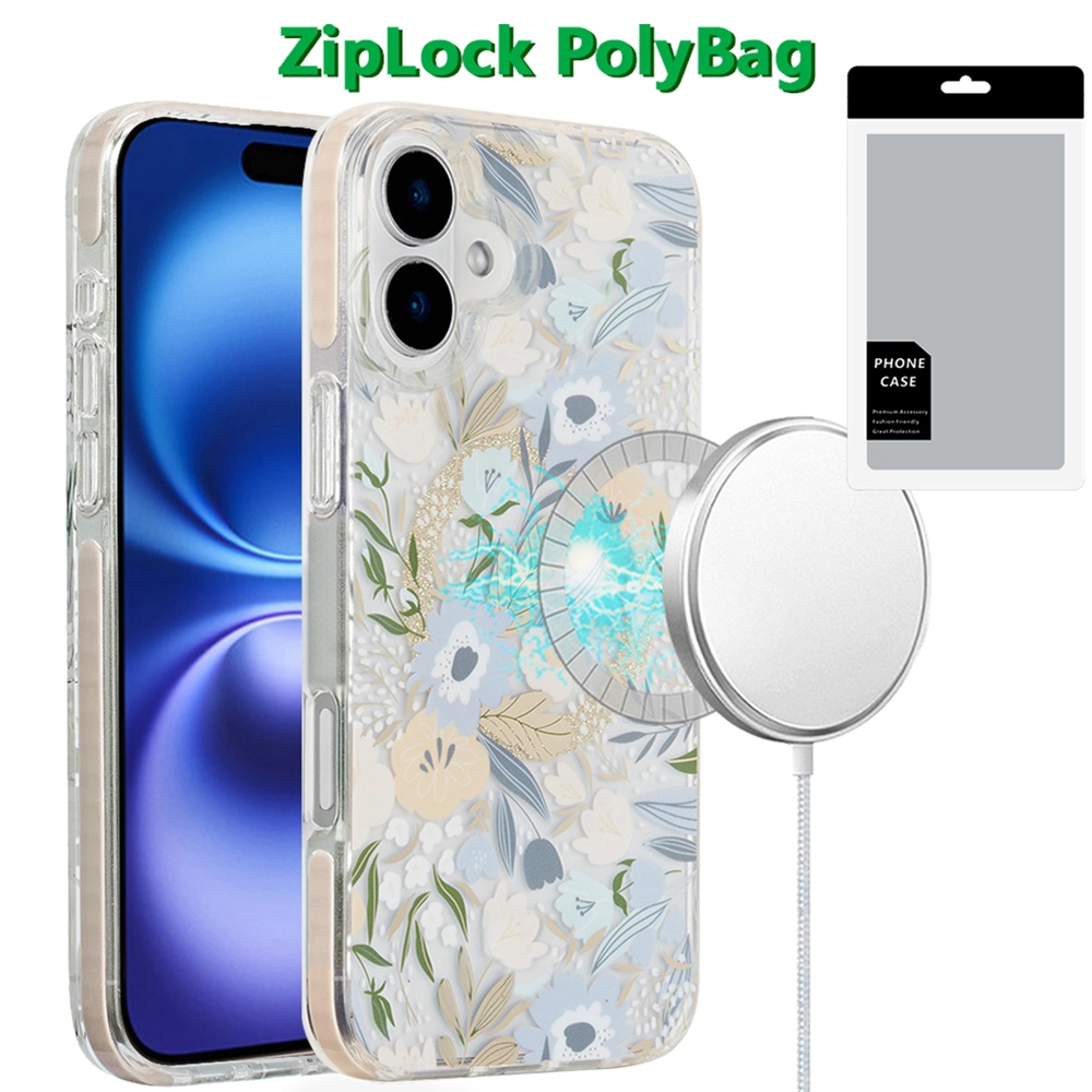 [polybag] for iphone 16 plus 6.7 inch magnetic double layer imd design case floral b
