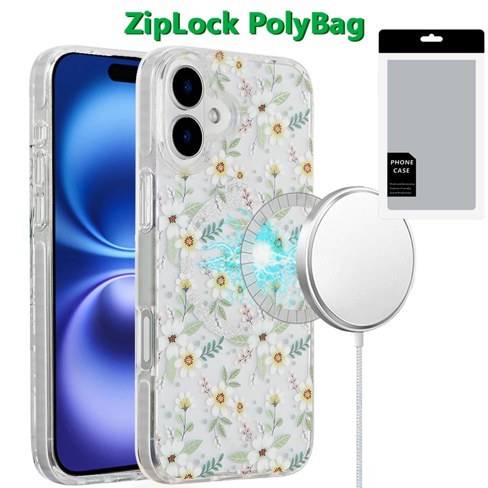 [polybag] for iphone 16 plus 6.7 inch magnetic double layer imd design case green floral