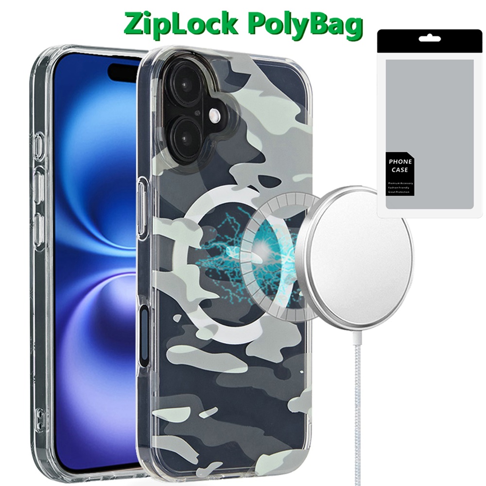 [polybag] for iphone 16 plus 6.7 inch magnetic double layer imd design case green camo