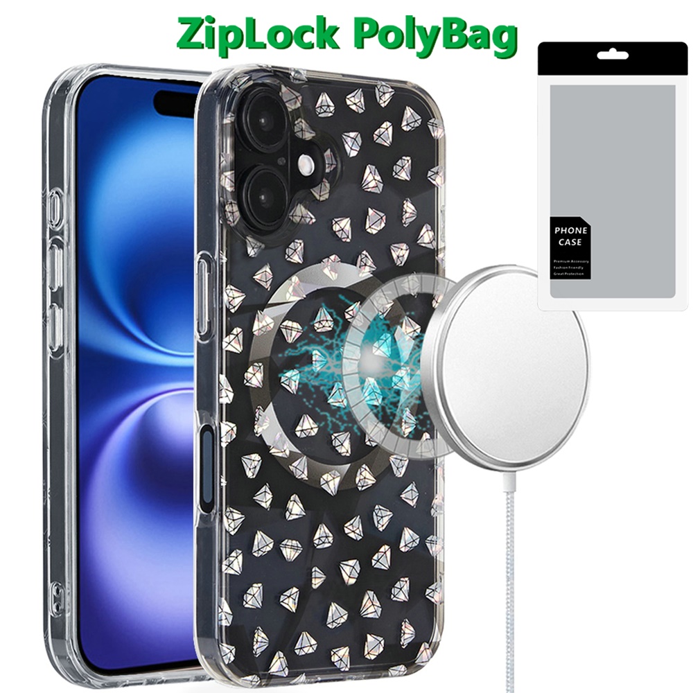 [polybag] for iphone 16 plus 6.7 inch magnetic double layer imd design case smoke diamond holographic