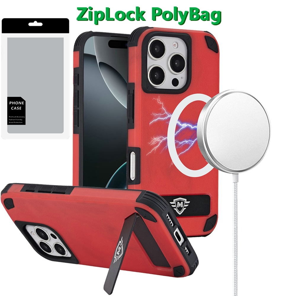 [polybag] for iphone 16 pro 6.3 inch magnetic heavy duty hybrid case with side kick stand red