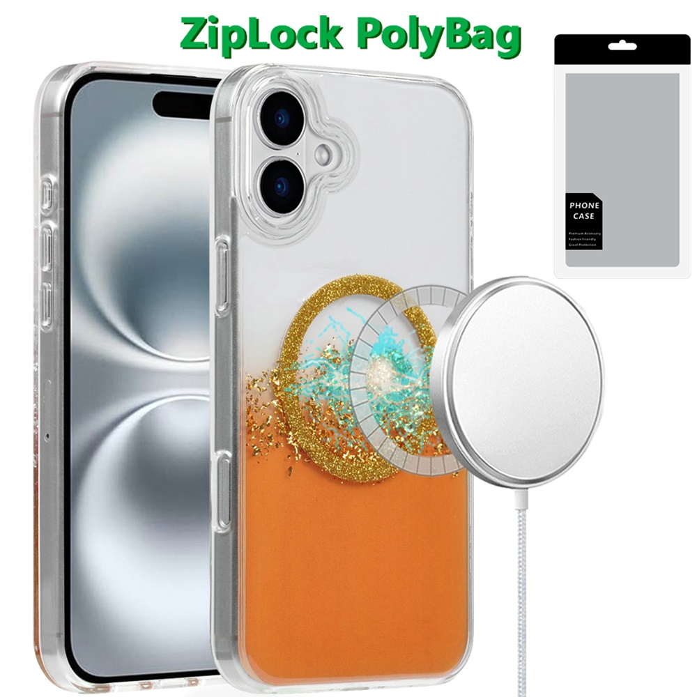 [polybag] for iphone 16 plus 6.7 inch magnetic glitter epoxy transparent hybrid orange