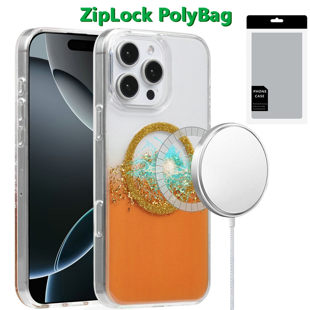 [polybag] for iphone 16 pro 6.3 inch magnetic glitter epoxy transparent hybrid orange