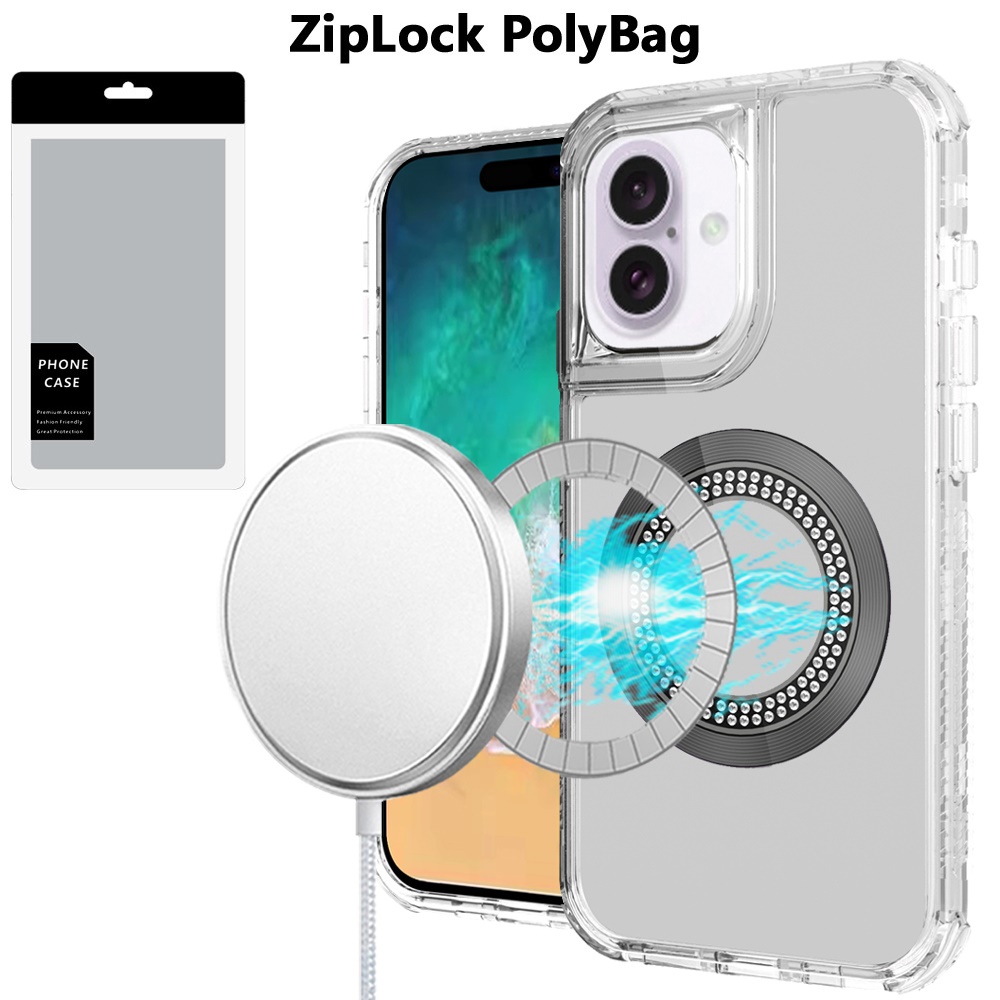 [polybag] for iphone 16 plus 6.7 inch magnetic ring circle bling chrome 3in1 hybrid case clear