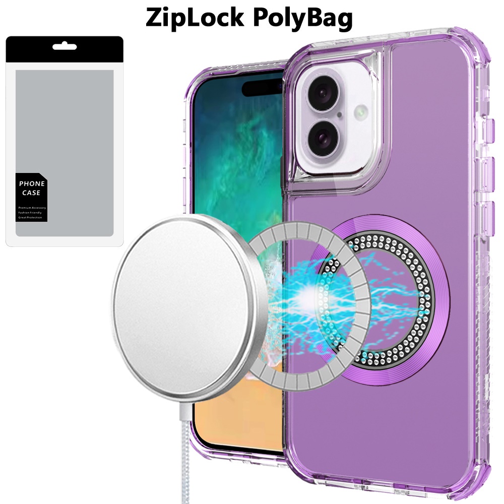 [polybag] for iphone 16 plus 6.7 inch magnetic ring circle bling chrome 3in1 hybrid case purple