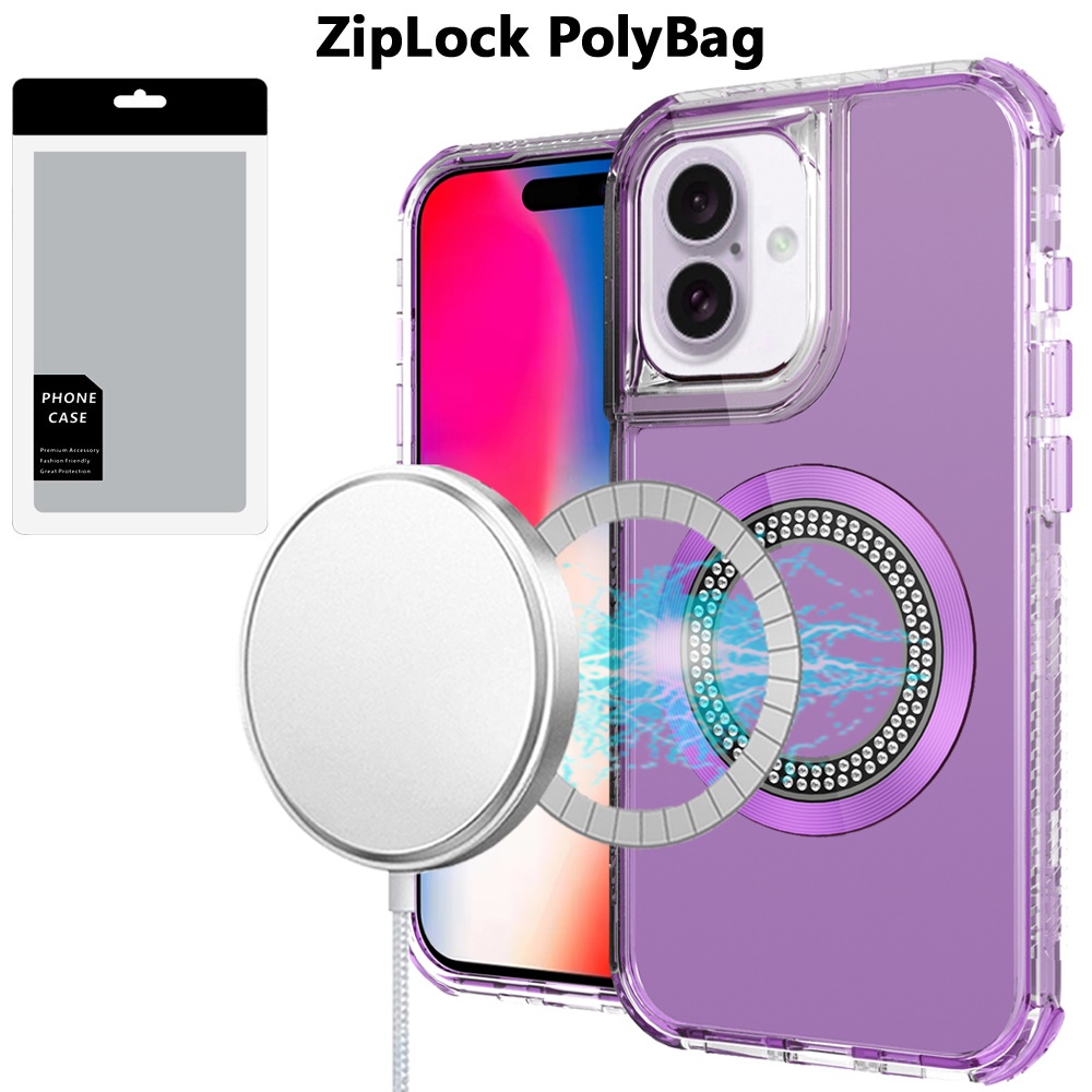 [polybag] for iphone 16 6.1 inch magnetic ring circle bling chrome 3in1 hybrid case purple