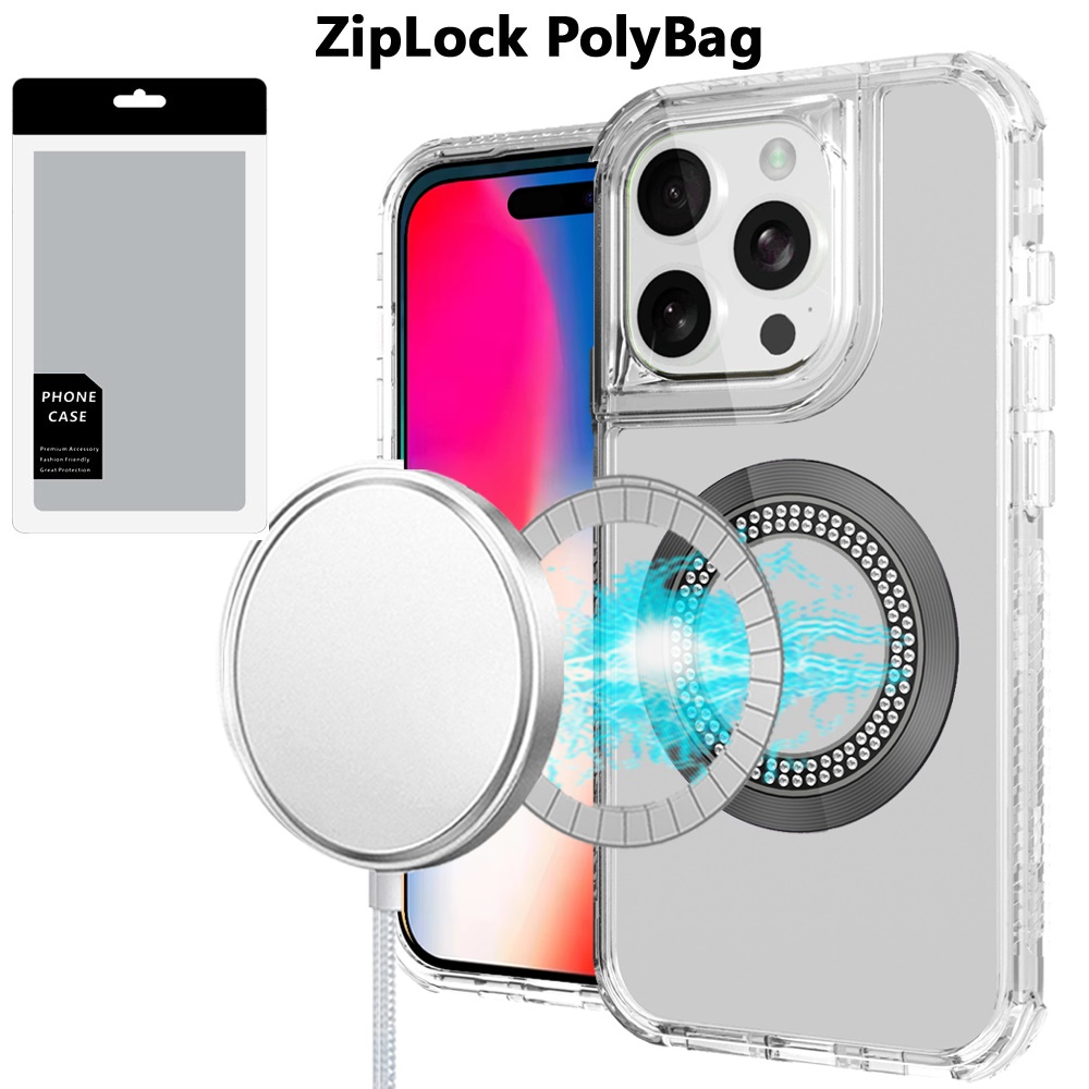 [polybag] for iphone 16 pro 6.3 inch magnetic ring circle bling chrome 3in1 hybrid case clear