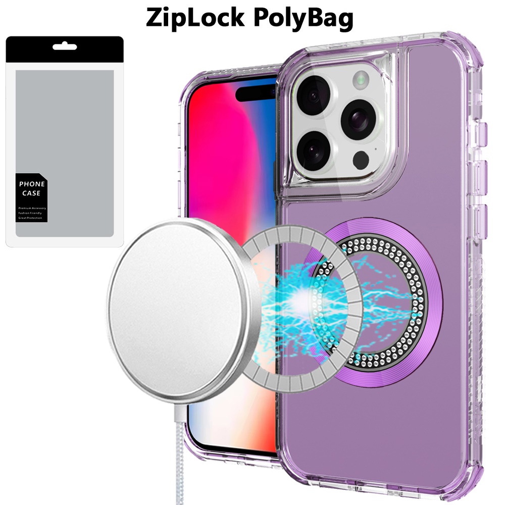 [polybag] for iphone 16 pro 6.3 inch magnetic ring circle bling chrome 3in1 hybrid case purple