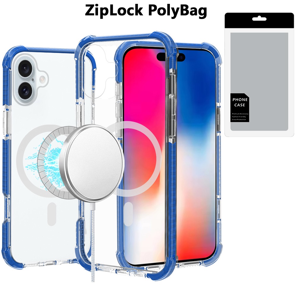 [polybag] for iphone 16 6.1 inch acrylic [magnetic circle] tough 2.5mm transparent shockproof hybrid blue