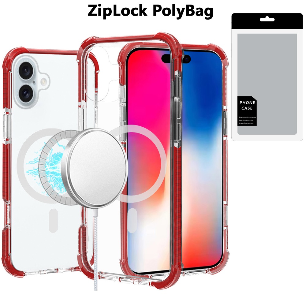 [polybag] for iphone 16 6.1 inch acrylic [magnetic circle] tough 2.5mm transparent shockproof hybrid red