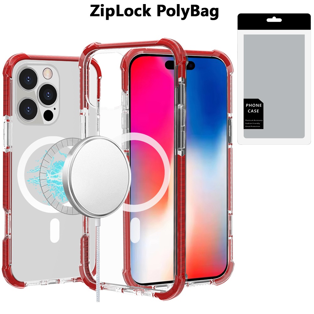 [polybag] for iphone 16 pro 6.3 inch acrylic [magnetic circle] tough 2.5mm transparent shockproof hybrid red