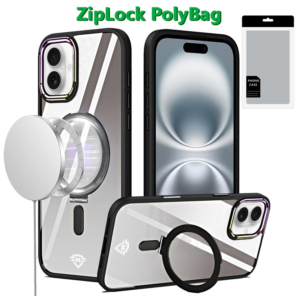 for iphone 16 plus 6.7 inch dazzle [magnetic circle] kickstand alloy chrome transparent hybrid black