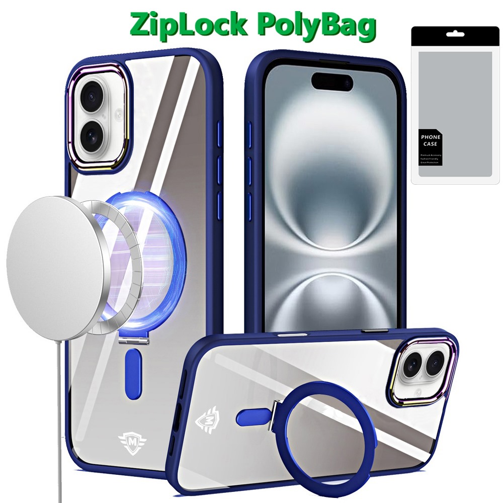 for iphone 16 plus 6.7 inch dazzle [magnetic circle] kickstand alloy chrome transparent hybrid navy blue