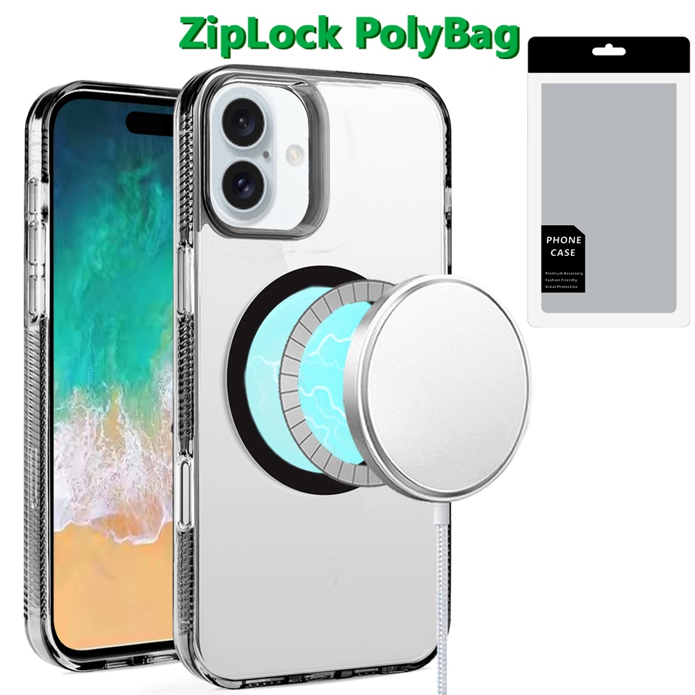 [polybag] for iphone 16 plus 6.7 inch pure transparent [magnetic circle] high quality ultra thick hybrid black