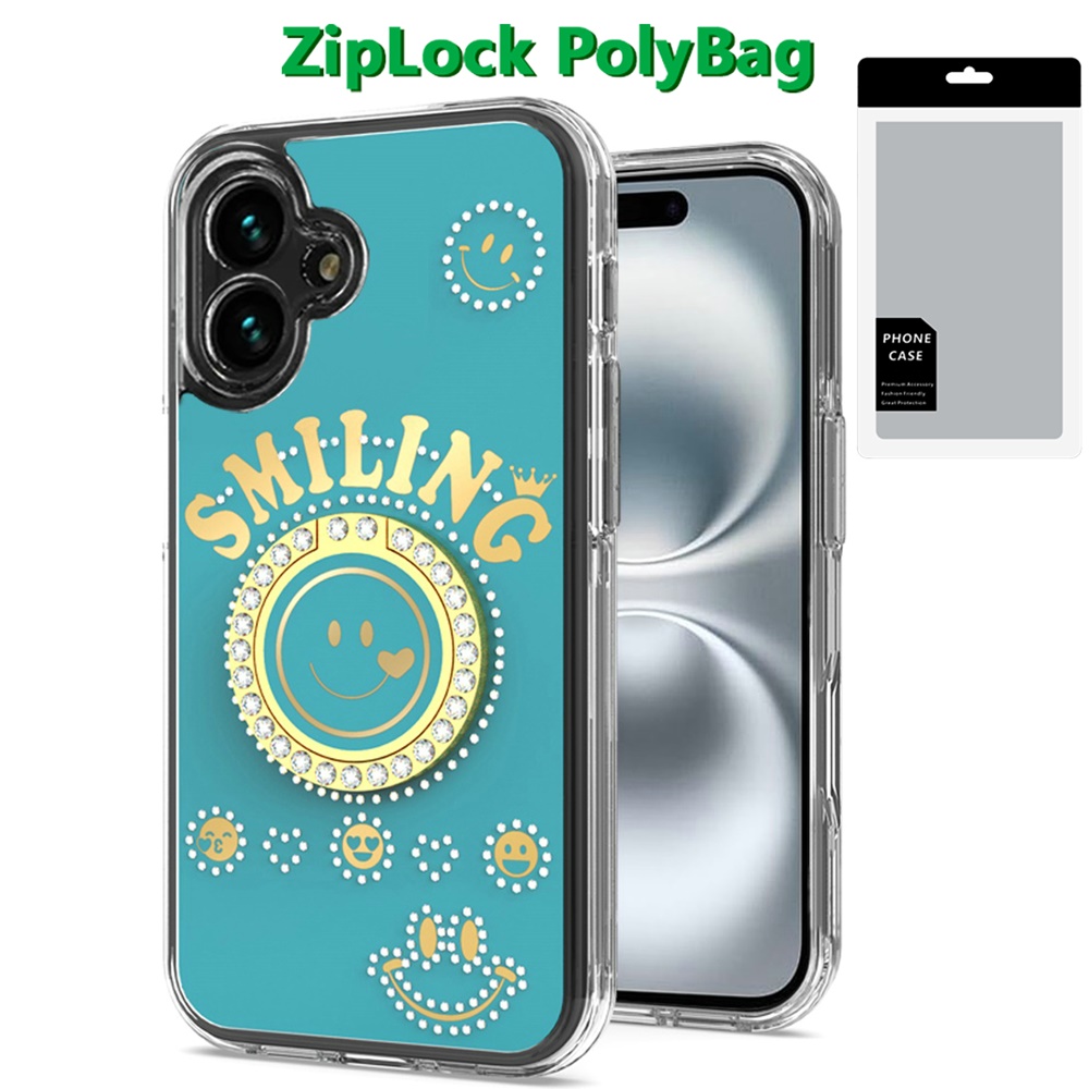 [polybag] for iphone 16 6.1 inch smiling glitter ornament bling with ring stand hybrid case cover blue