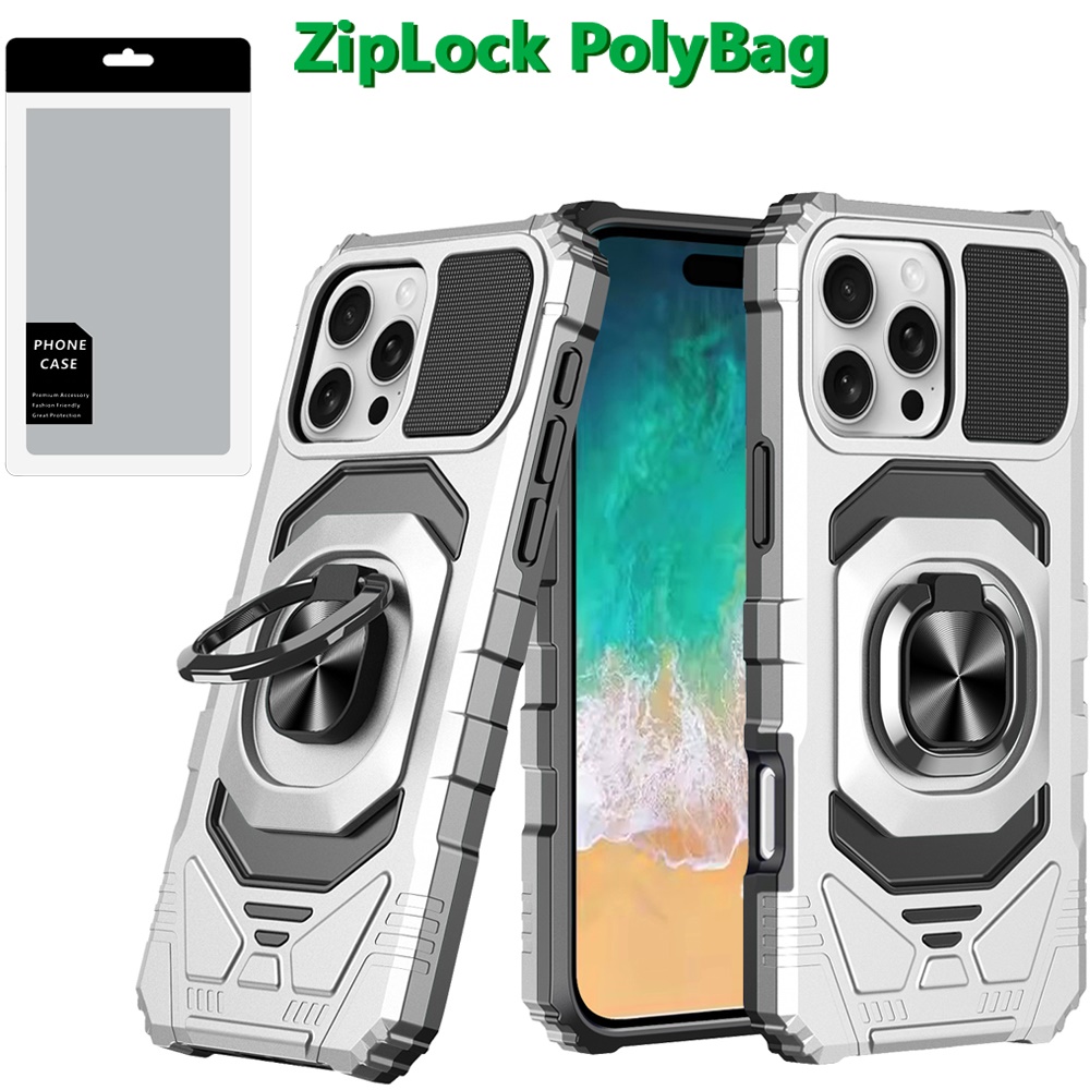 [polybag] for iphone 16 pro max 6.9 inch robotic hybrid with magnetic ring stand silver